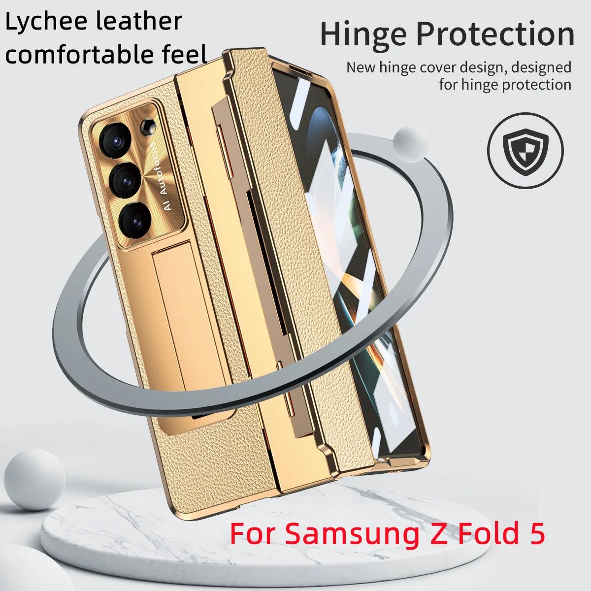 

Lychee Leather Case For Samsung Z Fold 5 Full Package Hinge Protection Phone Case Come with Glass Front Film And Folding Bracket