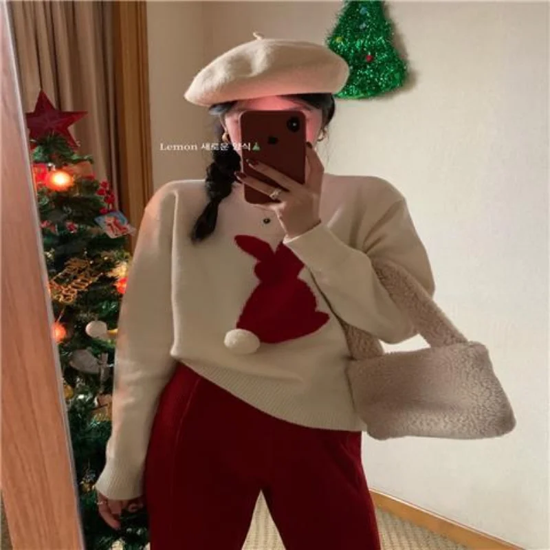 

Пуловер, свитер с кроликом, жаккард, Рождественская атмосфера, 2023 Зимний новый милый и красивый топ, свитер, пуловер для женщин