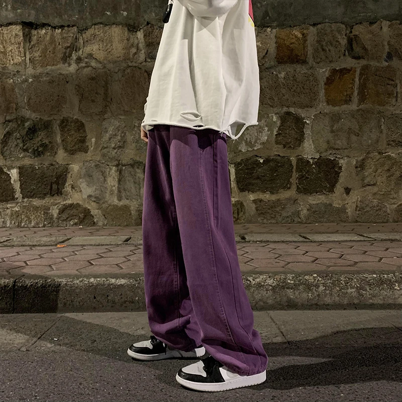 

Baggy Hijau/Ungu Jeans Kaki Lebar Retro Kasual Fashion Pria Celana Denim Lurus Hip Hop Longgar Streetwear Celana Panjang Pria