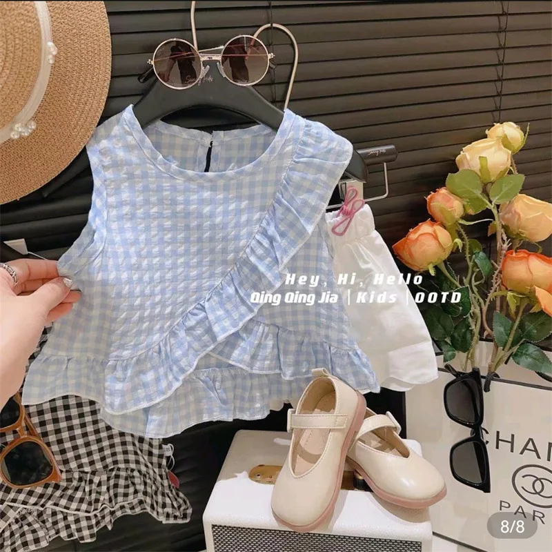 Одежда для девочек insWind летний костюм детский клетчатый Топ без рукавов и шорты