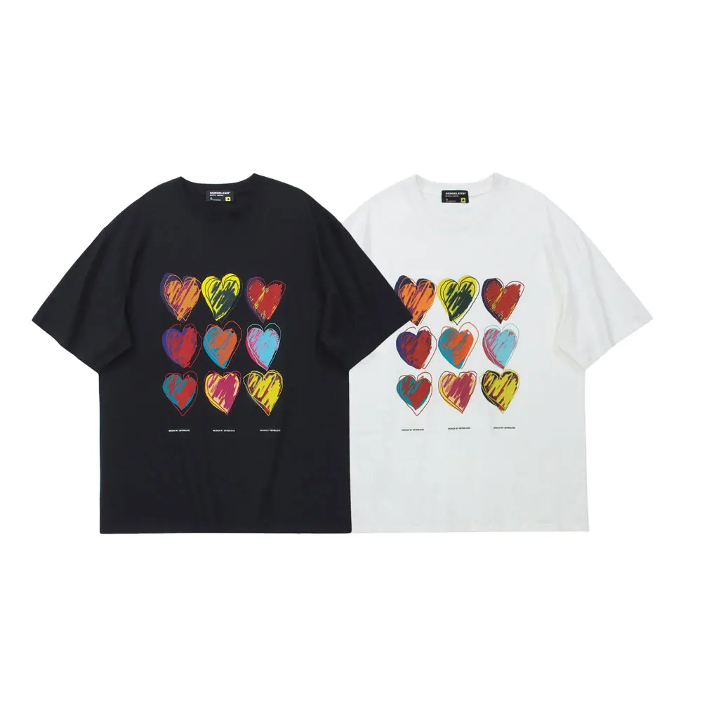 T-shirts Sketch Colorful Hearts Print Cotton O-neck Women's T-shirt Summer Streetwear Harajuku Casual Oversized T Shirt for Men |