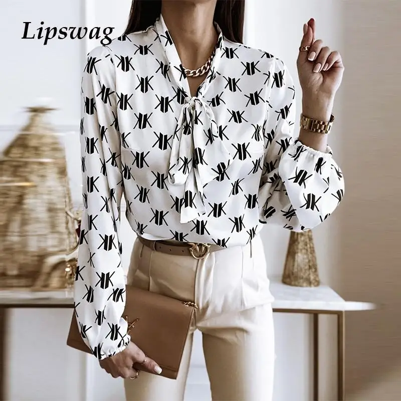 

Женская Свободная блузка с длинным рукавом, Элегантная Модная Повседневная Блузка с бантом и длинным рукавом, рубашки с принтом и завязками...