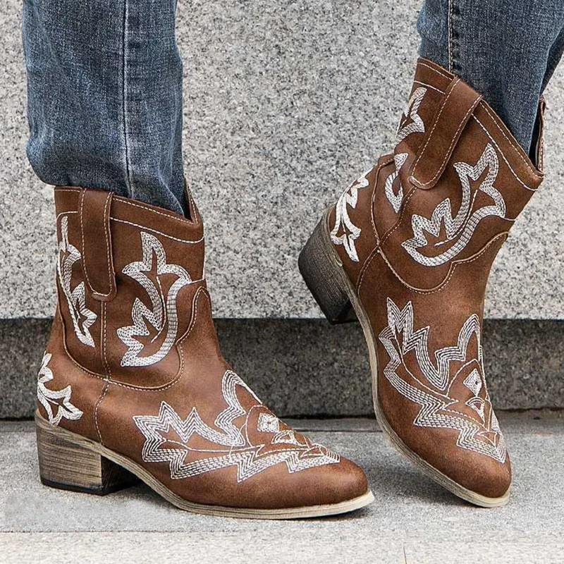 

Ankle Chelsea Boots Women Vintage Embroidery Pointed Toe Slip-on Boots Lady Plus Size Comfort Leisure Martin Boot Botas de mujer