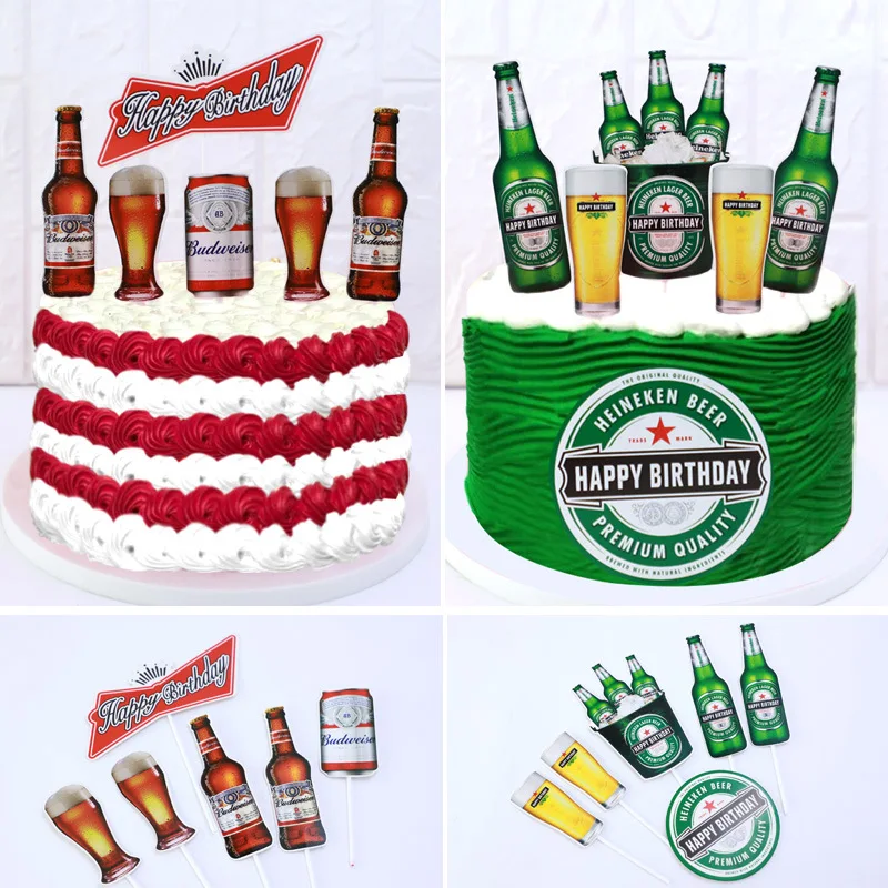 

6pcs/set Beer Cake Topper Flag Green Red Cupcake Toppers Creative Happy Birthday Wedding Decoration Party Baking DIY New Arrival