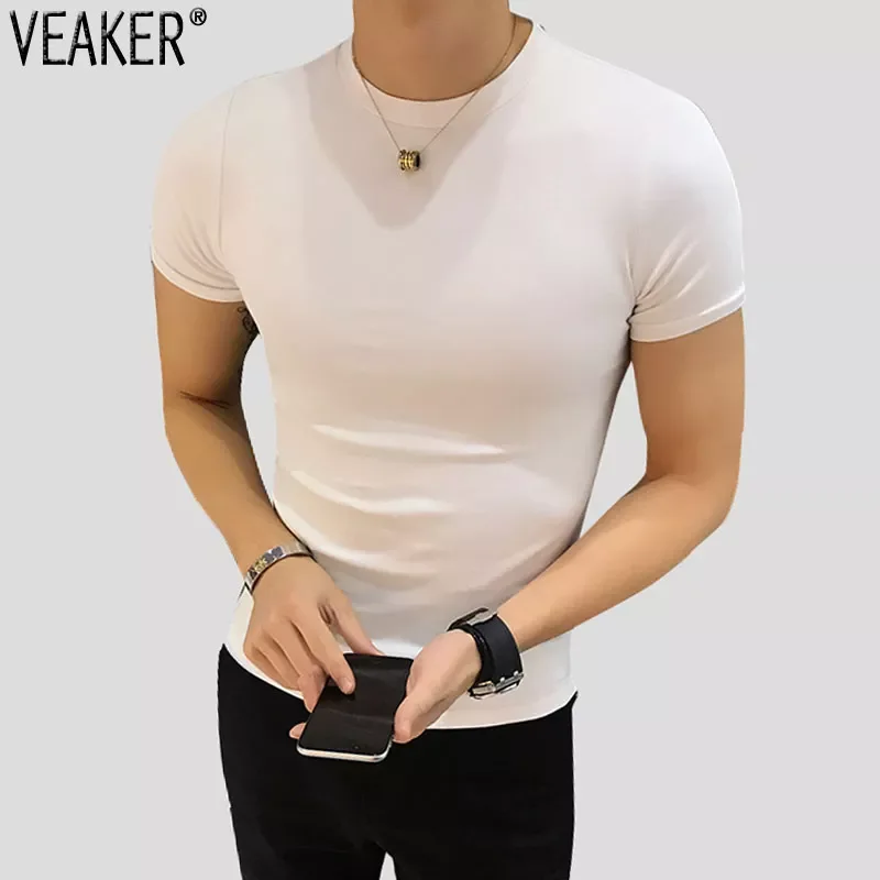 

NEW IN New Men's Sexy O Neck Cotton t shirts Male Solid Color Short Sleeve Slim Fit White t shirt tops Fitness tshirt S-2XL