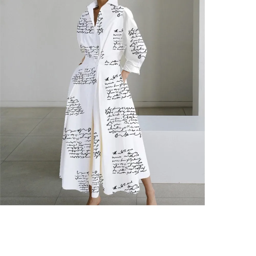 

Autumn Dress Long Sleeve Dot Print Elegant Maxi Dresses For Women 2023 White Casual V Neck Shirt Party Long Dress