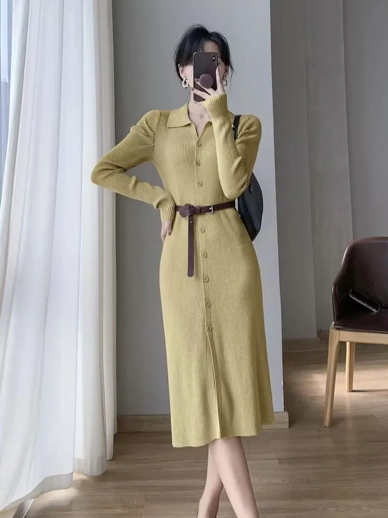 

Новый женский осенне-весенний свитер миди вязаное платье с поясом элегантная цельная одежда Vestidos