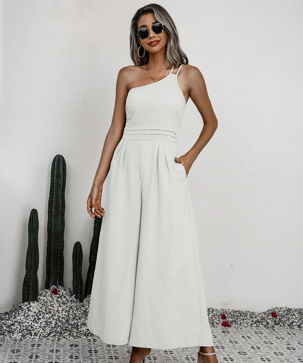

2022 Women's Jumpsuits Explosive Single Shoulder Belt Pleated High Waist Casual Wide Leg Jumpsuit