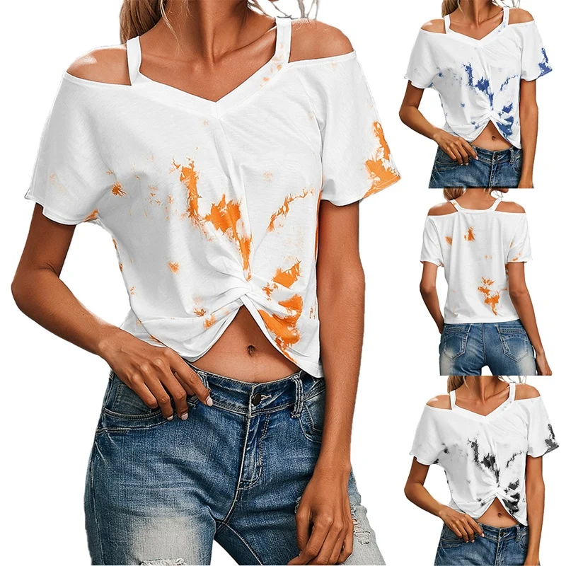 

ASDS-Women Tshirt Off Shoulder Tie-Dye Printing Short-Sleeved T-Shirt Ladies Fashion Front Twist Knot Crop Tops