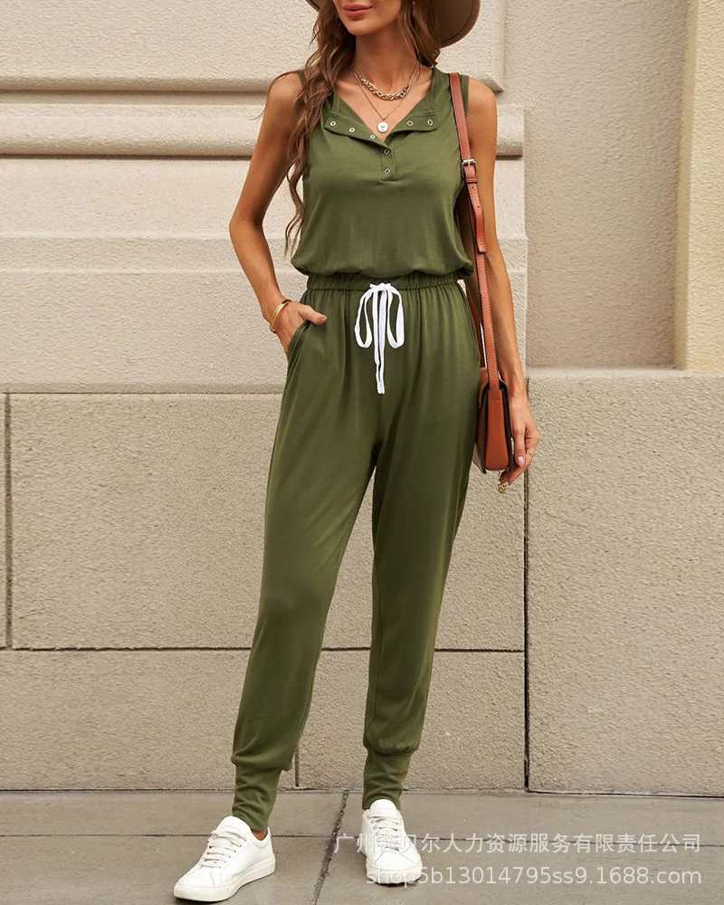 

2022 Lace up Jumpsuit Pants Trousers O Neck Spring Summer New Army Green Casual Sleeveless Waist Trimming Sashes Elastic