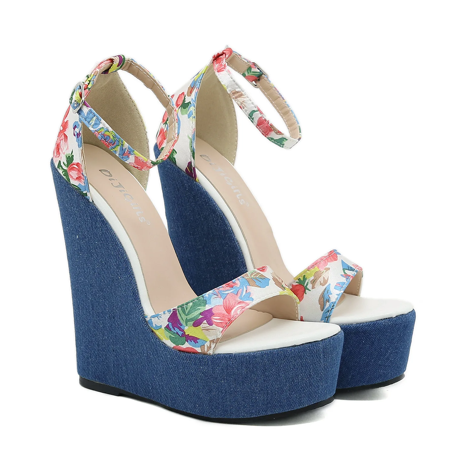 

Luxury Designer Catwalk Pumps 14Cm Heel Denim Wedges Sandals Fashion Printing Women Heeled Sandals Party Dress Sandalias Mujer