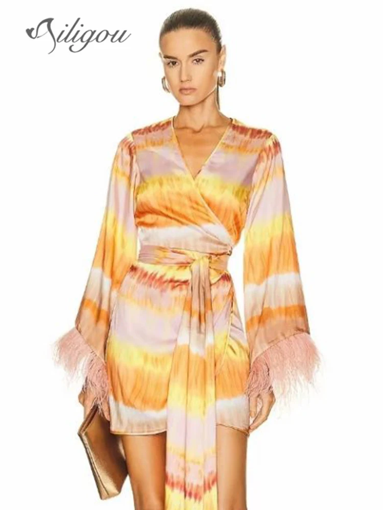 

Ailigou 2023 новое женское сексуальное мини-платье с V-образным вырезом и длинными рукавами модное платье с поясом и принтом перьев элегантное вечернее платье знаменитости