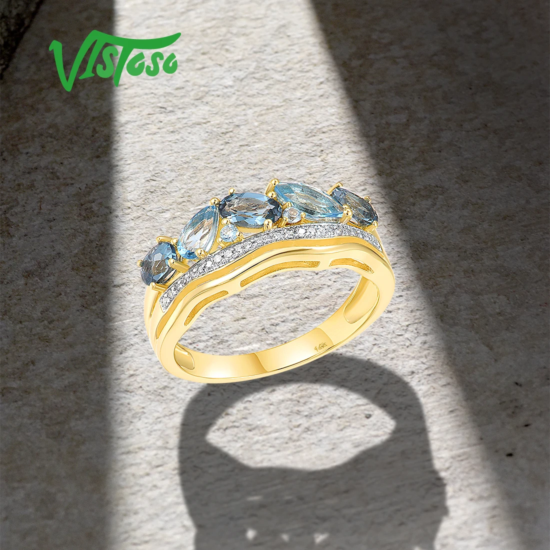 Женское золотое кольцо с голубым топазом VISTOSO желтое золото 14 к 585 пробы со