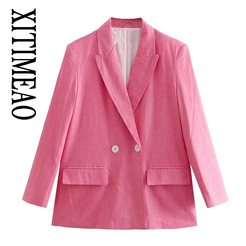 

XITIMEAO Women Fashion Double Breasted Loose Blazer Coat Vintage Long Sleeve Flap Pockets Female Outerwear Chic Veste Femme