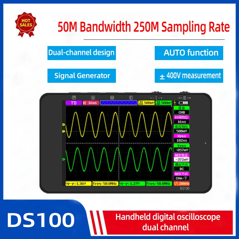 

DS100 Handheld Digital Oscilloscope 50M Dual-Channel 250MSa/S Sampling Rate Small Portable Lnstrument 2 Channel Oscilloscope