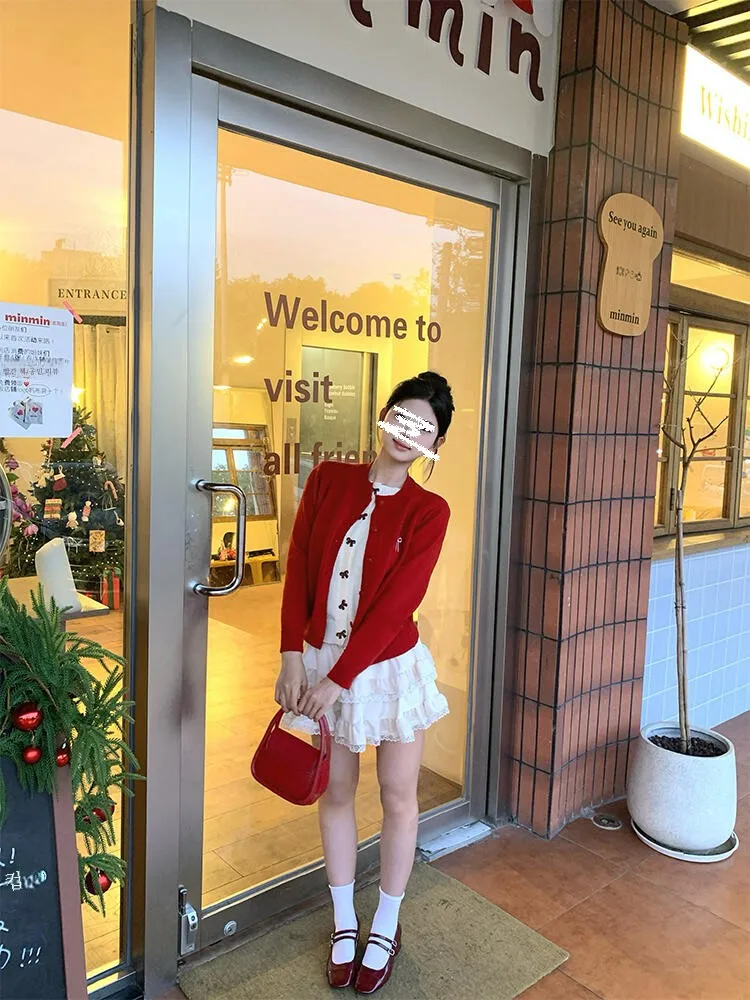 Red Christmas New Year Wear Bows Knitting Cardigan Women's Clothes Fall and Winter Arrival Fake Two-Piece round Neck Long...