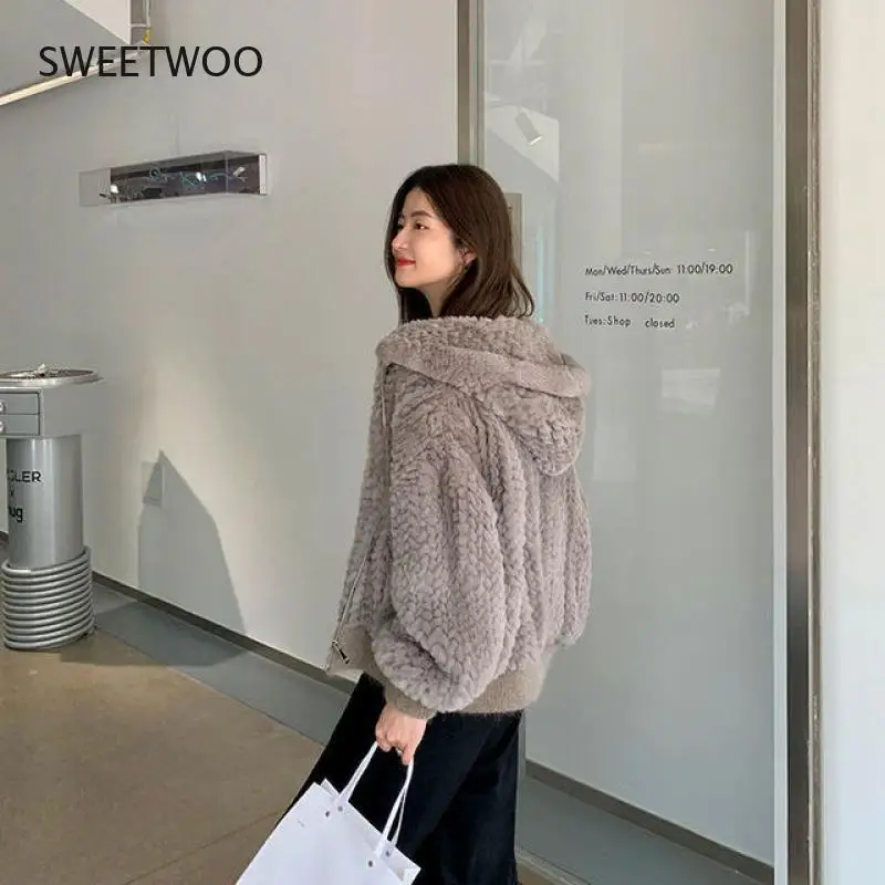 Women Short Jacket with Hood Knitted Generic Rabbit Fur Coat Autumn Winter Spring Sweater Femme Full Sleeve Outwear Slim Tide