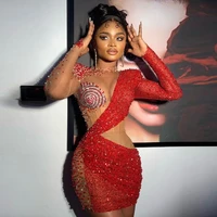 red glitter luxury sexy short prom dresses long sleeves crystals sequins plus size african black girl mini evening party gowns
