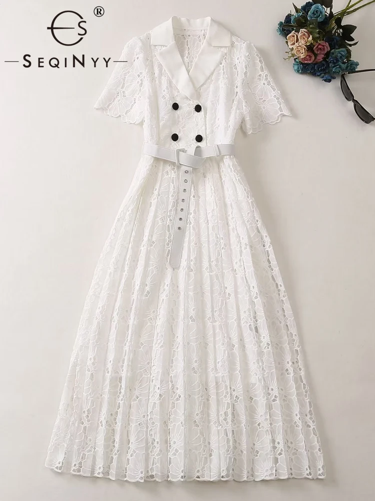 SEQINYY White Lace Dress Summer Spring New Fashion Design Women Runway High Street Hollow Out Flowers A-Line Midi Belt Casual