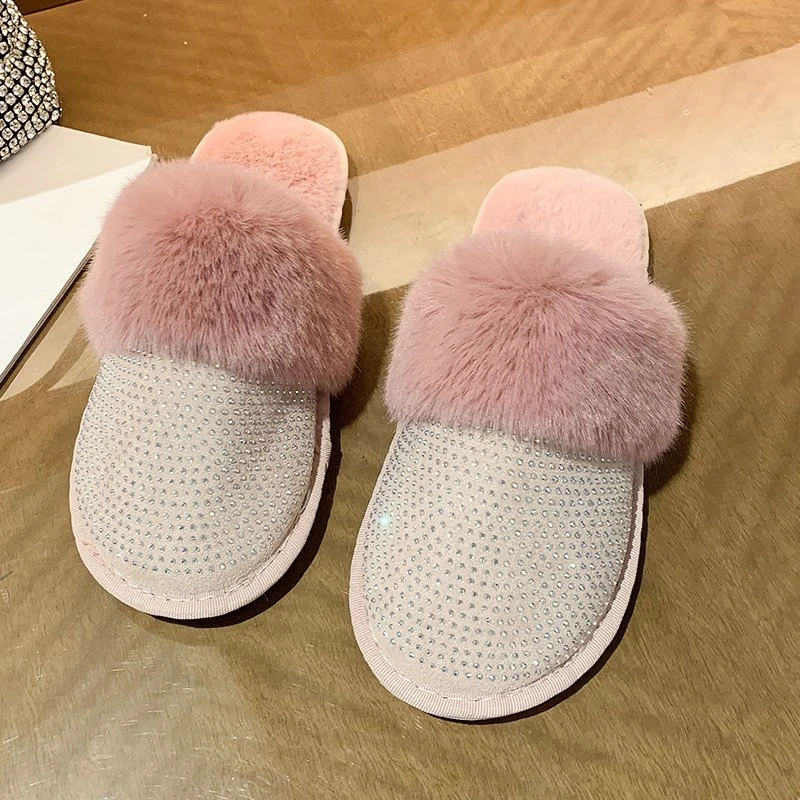 

2022 New Fashion Fur Plush Luxury Women Slippers Winter Colorful Slides Shoes For Women 2022 With Diamond