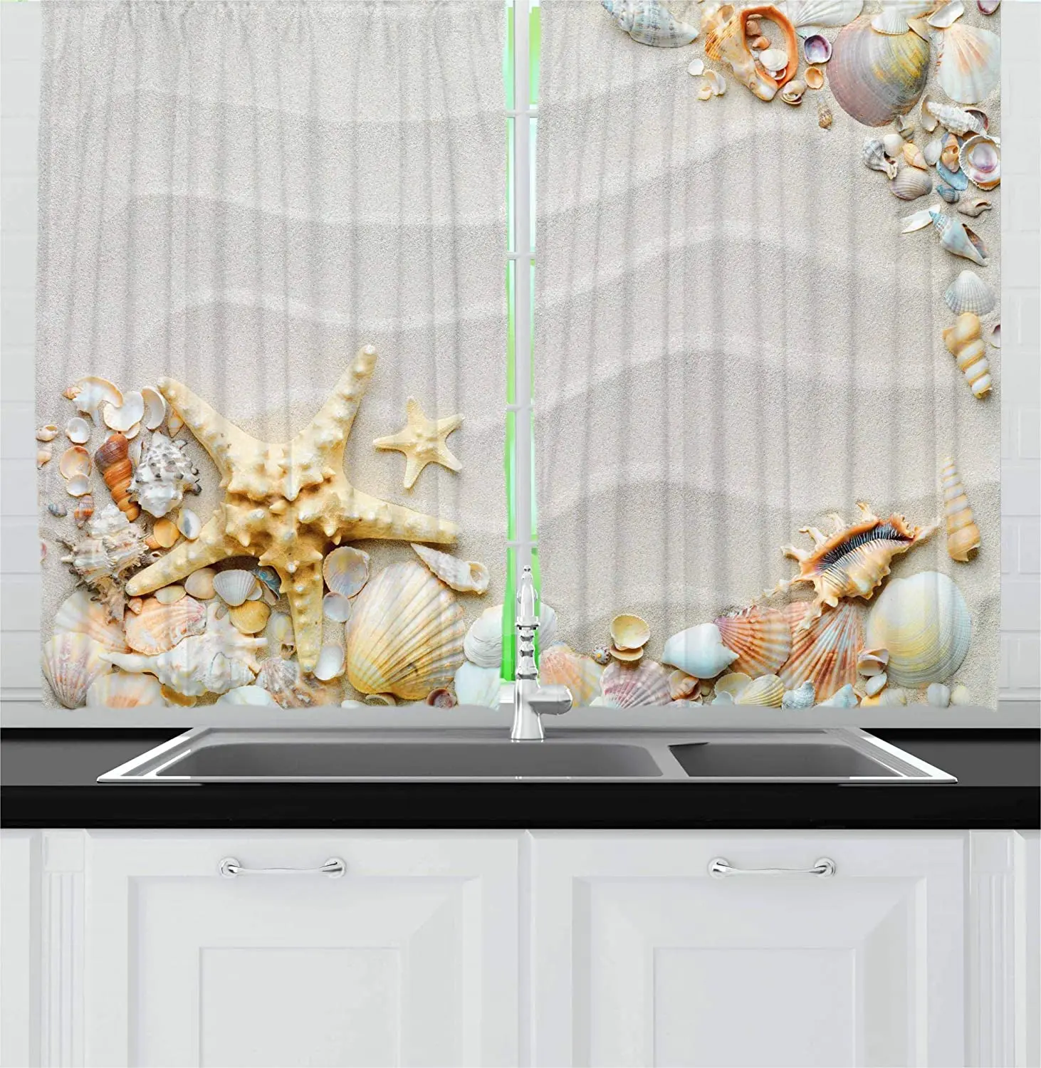 

Seacoast with Sand Colorful Various Seashells Tropics Aquatic Wildlife Theme Window Drapes Blackout Curtains for Kitchen Cafe