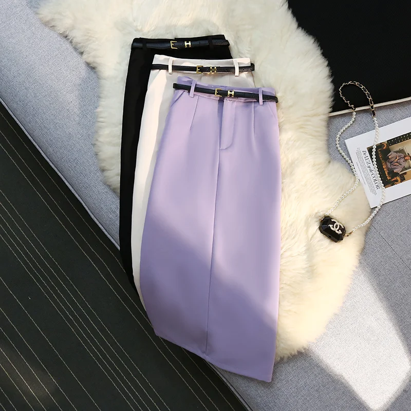 

2023 New Spring Summer Long Skirts with Belt Korean Fashion High Waist Split Suit Skirt Office Ladies