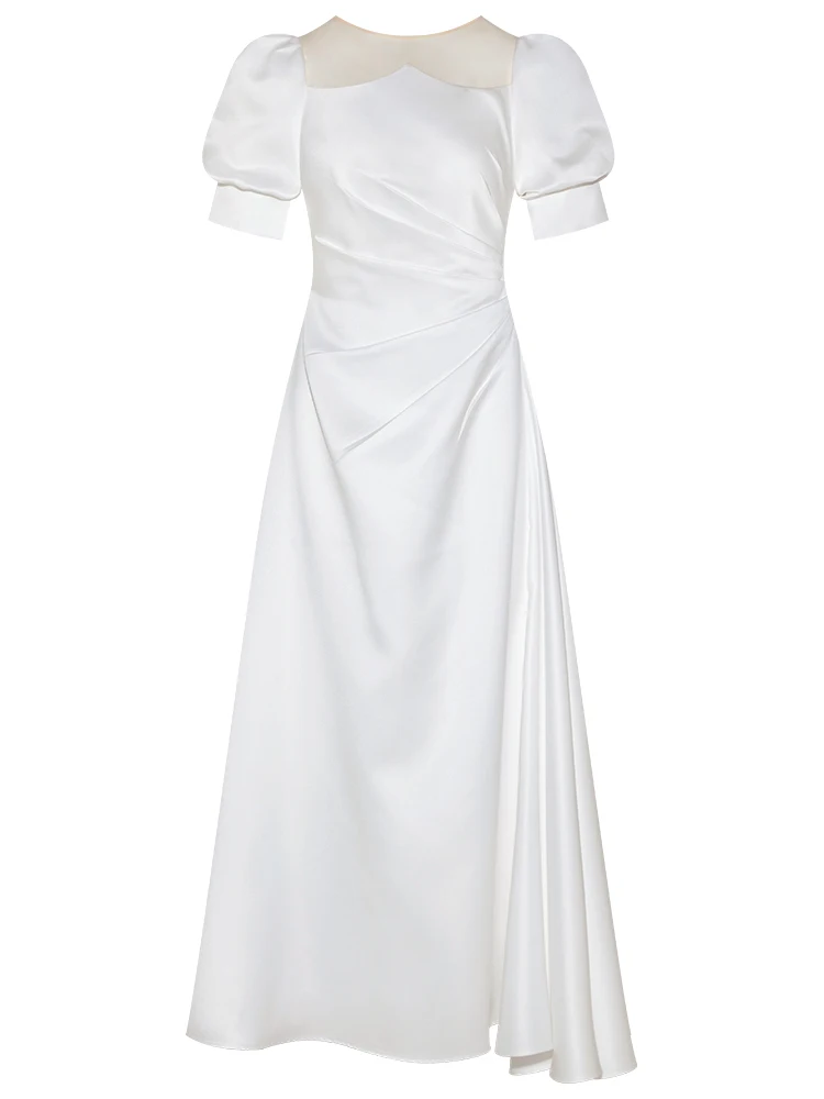 YIGELILA Fashion Women White Long Party Dress Elegant O-neck Short Sleeve Big Bow Dress Empire Slim Solid A-line Dress 67491
