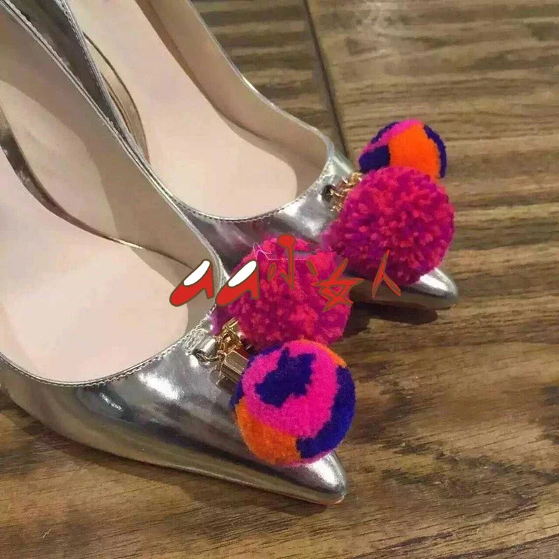 Сексуальные женские свадебные туфли с помпоном туфли-лодочки из лакированной