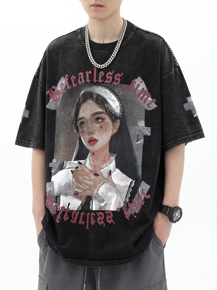 

Футболка с коротким рукавом и принтом персонажа для мужчин и женщин, летняя промытая футболка в американском стиле в стиле хип-хоп для пар, футболка с коротким рукавом