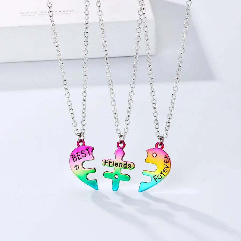 3Pcs/Set Best Friend Forever Necklace Colourful Heart Shaped Pendant Friendship BFF Necklace Jewelry Gift 2-color