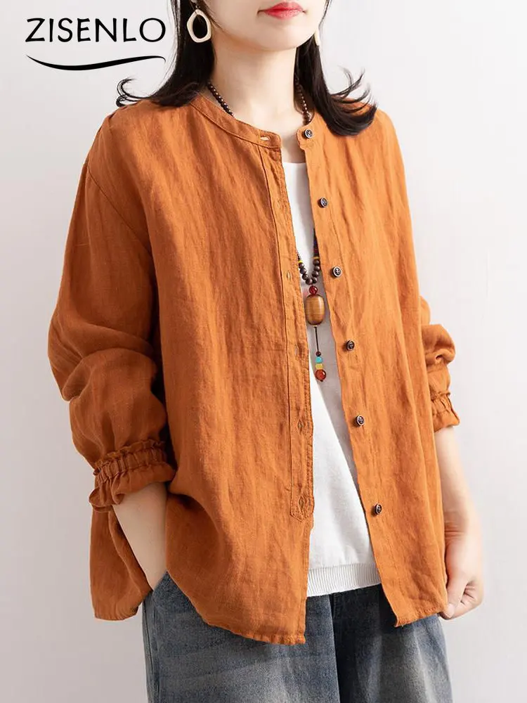 

Рубашки и блузки Новинка весна лето Свободная рубашка с круглым вырезом Повседневная однотонная куртка с длинным рукавом винтажный Топ Женская рубашка