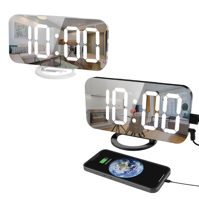 Mirror 2 Usb Charger Ports Night Light Led Table Clock Snooz