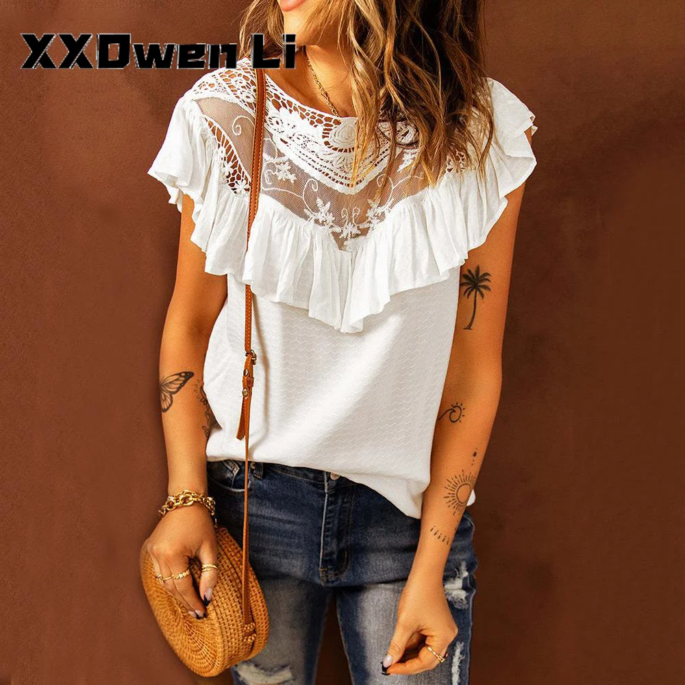 

Summer Casual Loose Lace Patchwork Chiffon Shirt Top For Women 2022 O-neck Ruffles Shirts Blouse Fashion White Short Sleeve Tops