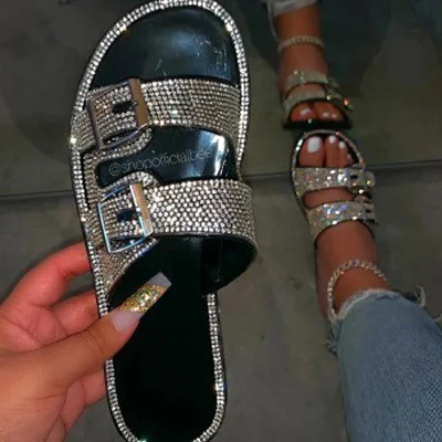 Women's Sandals Summer Slipper Rhinestone Soft PU Plus Size Slides for Girls