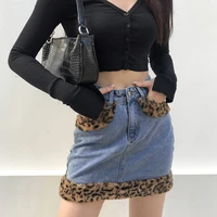 sexy leopard print mini skirt casual streetwear loose straight skirts korean style womens high waist slim raw edge denim skirt