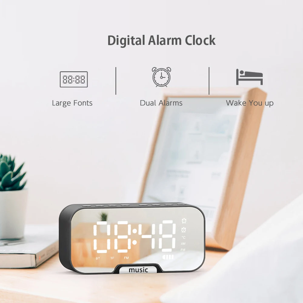 music alarm clocks mirror fm radio led digital clock 2 alarm snooze 24h electronic watch dimming table phone stand usb clocks free global shipping