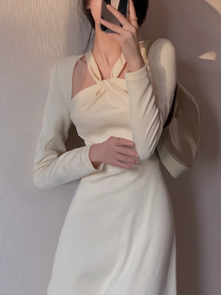 Осеннее французское винтажное элегантное платье женское пикантное вечернее