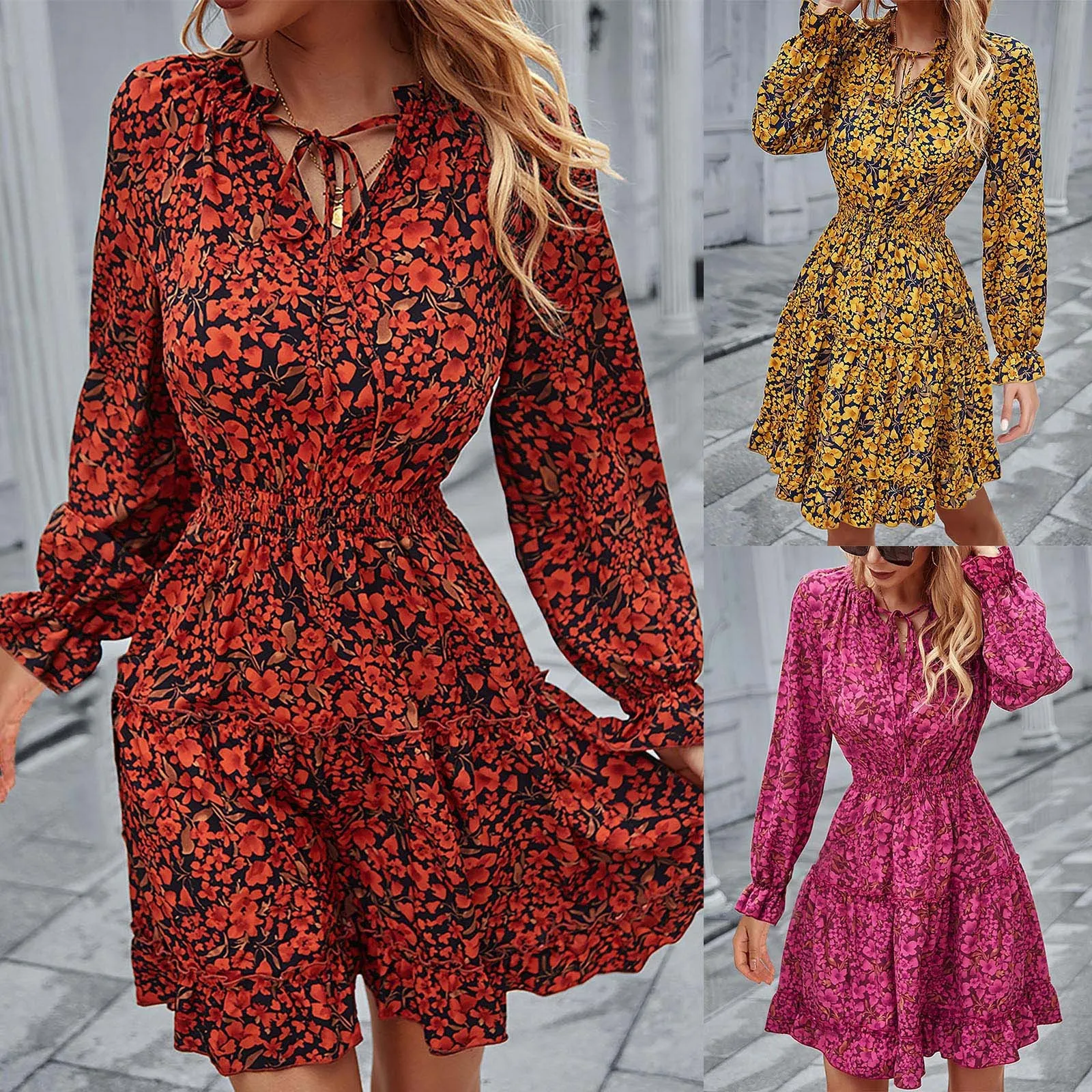 

Женское короткое платье с цветочным принтом, длинным рукавом и воланом