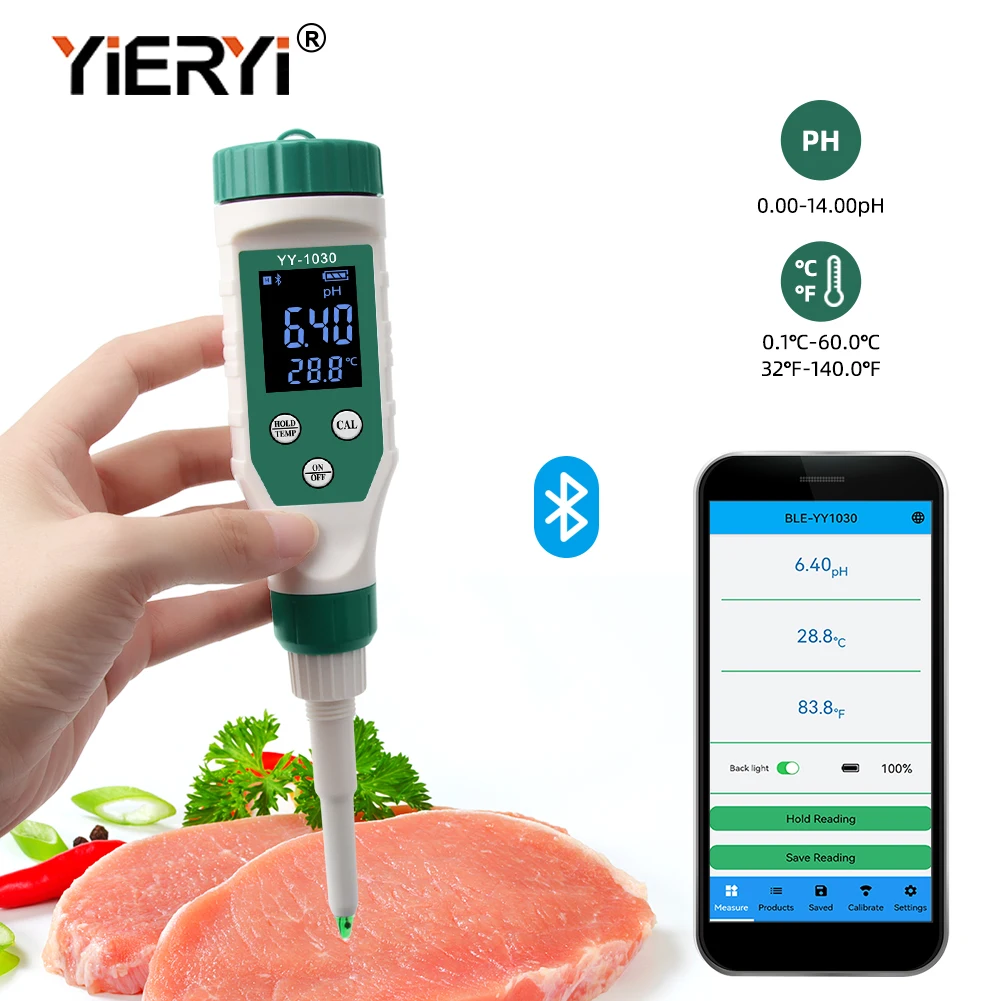 Yieryi Smart Bluetooth PH Meter Aquarium SPA Pool PH Water Quality Monitor Tester for Soil Cosmetic Food Cheese Meat Fruit Dough