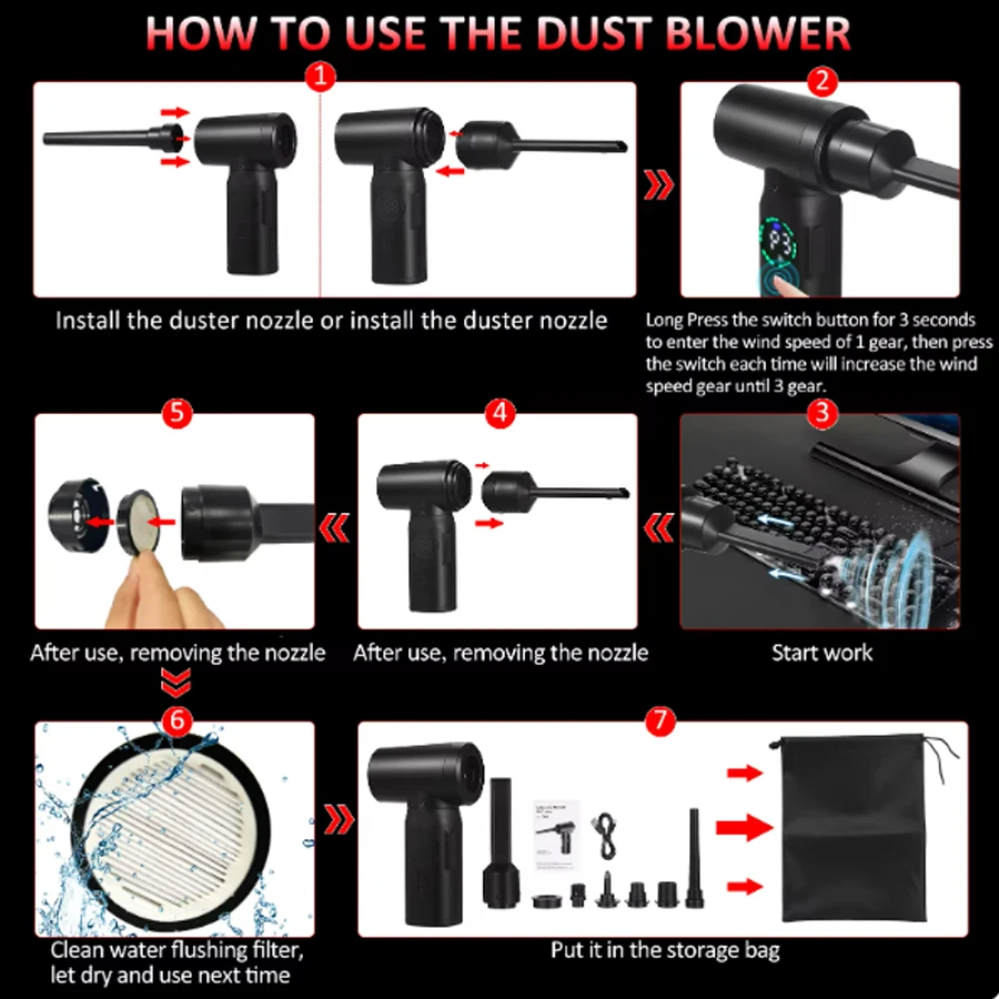 Пылесос для сжатого воздуха с щеточным двигателем цифровым экраном 100 Вт 7500 мАч