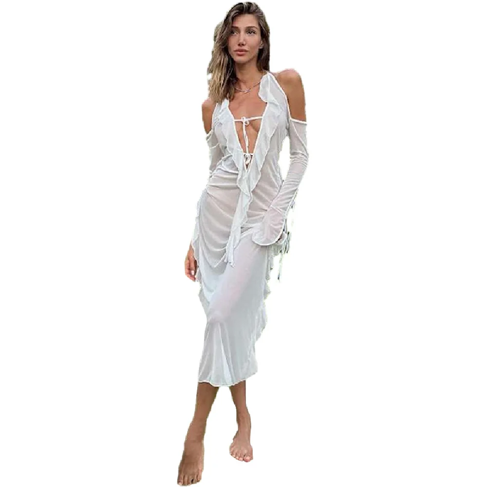

European-american Autumn And Winter New Women's Wear Hanging Neck One Line Neck Sexy Perspective Mesh Slim Fit Bottom Dress