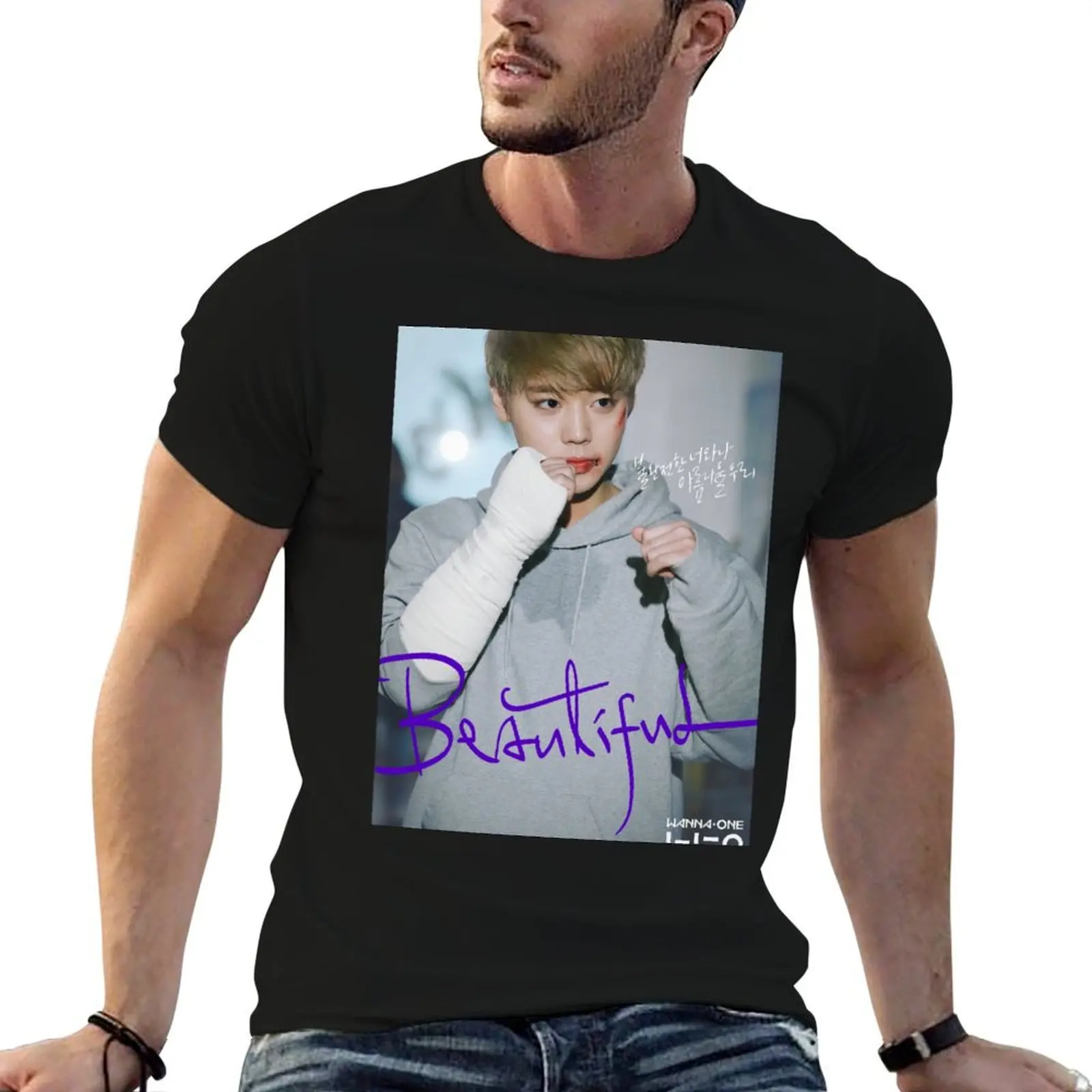 Фото Футболка WANNA ONE BEAUTIFUL PARK JIHOON, хлопковая футболка, мужские футболки, забавная хлопковая футболка с рисунком, 100% хлопковая футболка №1
