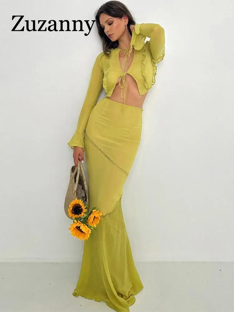 

Женский прозрачный шифоновый костюм Zuzanny, элегантный пикантный комплект из укороченного топа на шнуровке с оборками и длинными рукавами и облегающей юбки макси