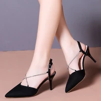 sexy rhinestone buckle garden shoes 2022 summer new pointed toe suede womens high heels fashion black party banquet high heels