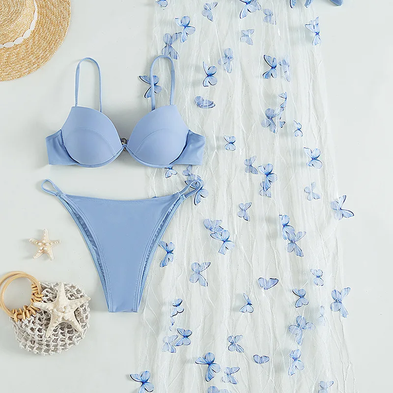 Сексуальное бикини пуш-ап на косточках Женский однотонный синий пляжный