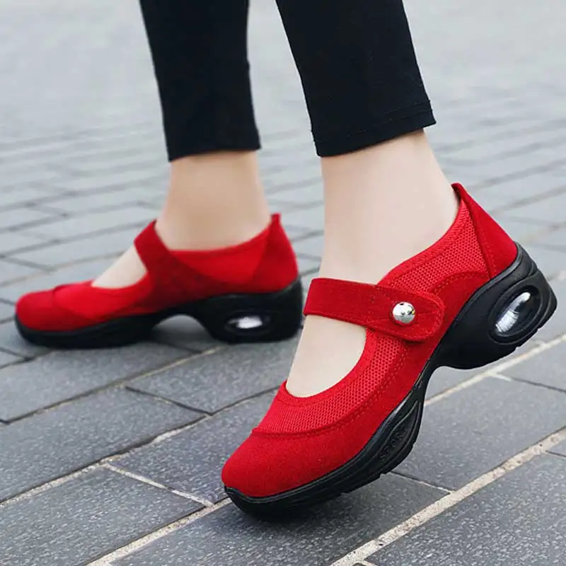 

New Women Dancing Shoes Summer Nylon Fastener Tape Pumps Comfortable Air Cushion Casual Shoes Net Cloth Breathable Sports Shoes