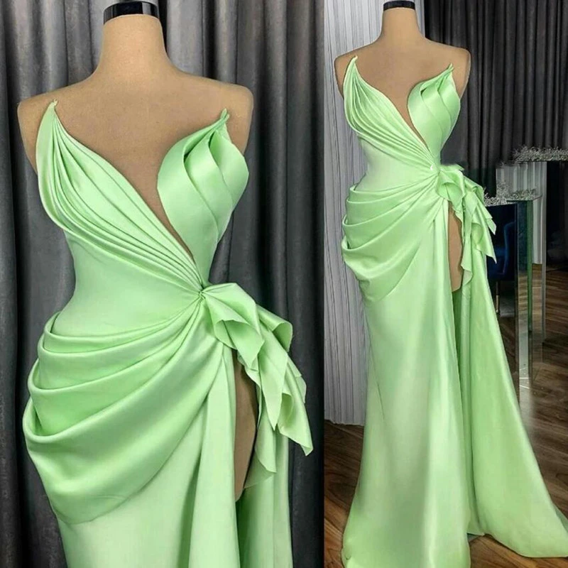 

Mint Green Sexy Prom Dresses High Slit Pleated Ruffles Sleeveless Evening Ball Gown Formal Wear Custom Made Robes De Soirée