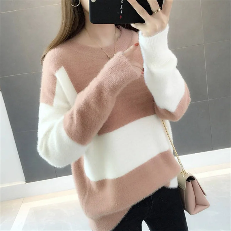 

Winter Autumn Patchwork Mink Cashmere Sweater Women Loose Short Pullover Korean 4 Color O-Neck Long Sleeve Knitted Tops Female