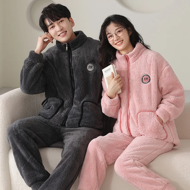 Новейший пижамный комплект для пар женская и мужская одежда сна на молнии