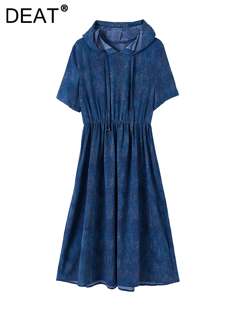 

DEAT Women's Denim Dress Hooded Short Sleeve Drawstring Slim High Waist Navy Blue Long Dresses 2023 Autumn New Fashion 29L2619